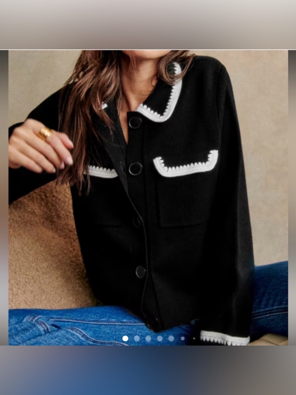 Women's Sezane Betty Cardigan in Black and Ecru Crochet size Medium 100% Merino - Picture 3 of 11